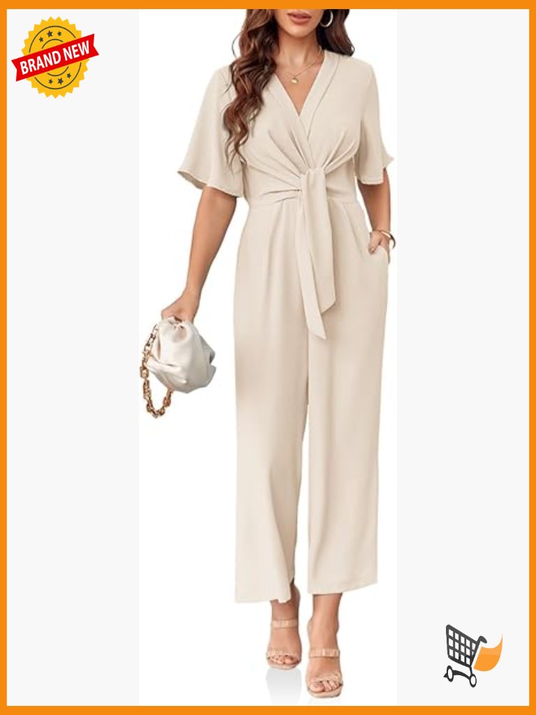 Elegant V Neck Jumpsuit Dressy Casual Short Sleeve Wide Leg Long Pants Romper